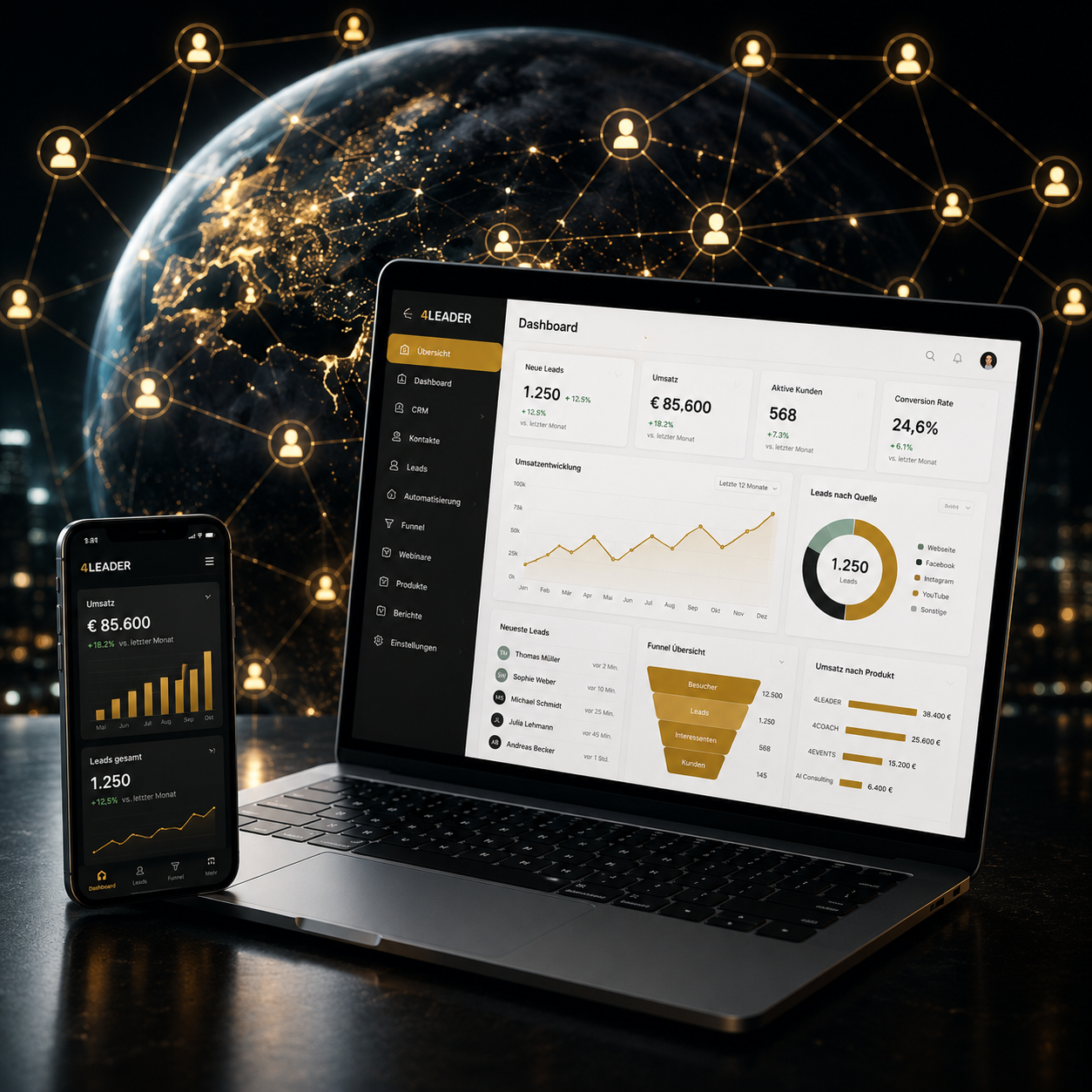 4LEADER KI-Vertriebssystem: Devices, Teamnetzwerk und Dashboard mit goldenen Verbindungen