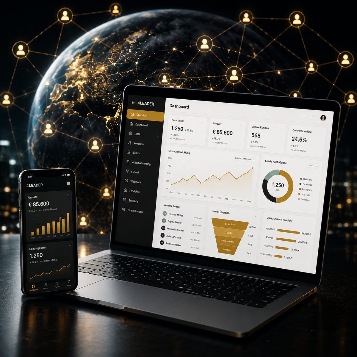 4LEADER KI-Vertriebssystem: Devices, Teamnetzwerk und Dashboard mit goldenen Verbindungen